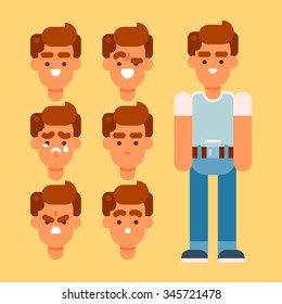 Human and his different emotions: happy, excited, sad, neutral, angry, scared.  Vector flat illustration.