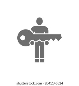 Human hold big key grey icon. Isolated on white background