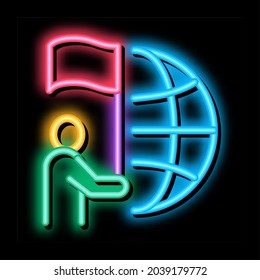 human hold flag and choice place on earth neon light sign vector. Glowing bright icon human hold flag and choice place on earth sign. transparent symbol illustration