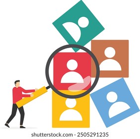 Human hold magnifying glass with cube block. Management and recruitment business. Vector illustration

