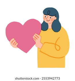 Human holding big pink heart in hand as symbol of love. Concept of charity, hope, solidarity and compassion. Woman helping and donating. Colored flat vector illustration isolated on white background