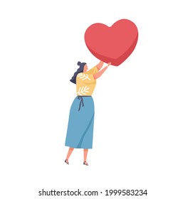 Human holding big red heart in hand as symbol of love. Concept of charity, hope, solidarity and compassion. Woman helping and donating. Colored flat vector illustration isolated on white background
