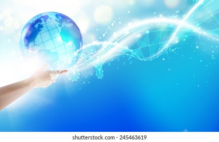 Human holding globe on his hands over blue sky background. Vector illustration.