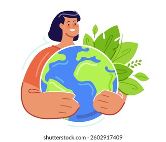 Human holding green world or planet earth. Globe with leaves, ecological awareness. Caring for ecology of nature