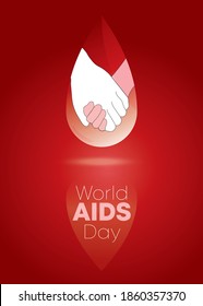 Human holding hands in the drop of blood. World AIDS Day. Holding hands with the red ribbon. AIDS Awareness icon design for banner, poster, t-shirt. Vector illustration isolated on red background.