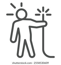 Human holding live electrical wire line icon, labor protection, worker safety concept. Vector graphics. Man danger sign on white background, outline style icon for mobile or web design