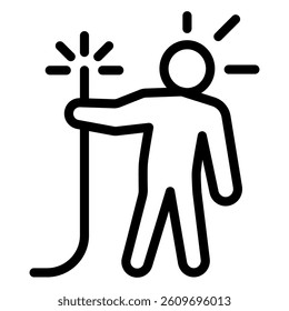 Human holding live electrical wire line icon, labor protection, worker safety concept. Vector graphics. Man danger sign on white background, style mobile or design