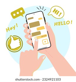 Personas sosteniendo un smartphone móvil y entablando conversaciones con amigos mientras envían mensajes, presentan elementos coloridos y decorativos, Vector.