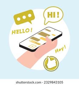 Human holding a mobile smartphone and engaging in conversations with friends while sending messages, features colorful and decorative elements, Vector.