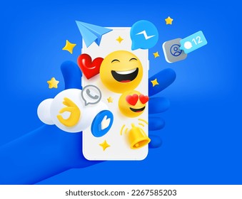 Human holding modern mobile phone with social media elements. 3d vector illustration