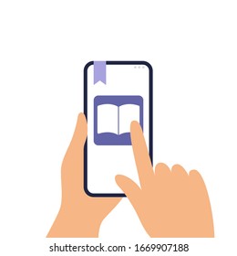 Human is holding a phone and reading an e-book. Finger turning a page on a screen. Flat Vector can be used by libraries, apps, landing pages, stores, schools or e-commerce.