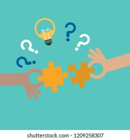 Human holding puzzle.Light bulb and question mark, teamwork concept vector illustration flat style 