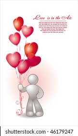  human holding red  heart-shape balloons in his hands. Great concept for Valentines postcard