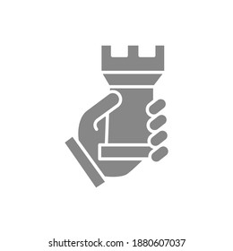 Human holding rook chess gray icon. Board game, table entertainment symbol