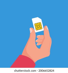 Human holding sim card in hand. Vector illustration cartoon design. Isolated on background. Mobile element. Finger closeup, big SIM card.