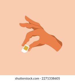 Human holding sim card in hand. Vector illustration cartoon design. Isolated on background. Mobile element. Finger closeup, big SIM card.	