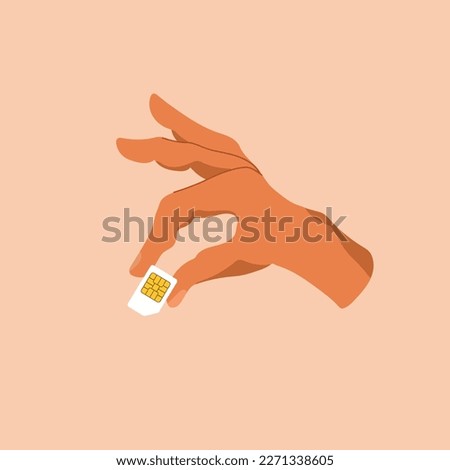 Human holding sim card in hand. Vector illustration cartoon design. Isolated on background. Mobile element. Finger closeup, big SIM card.	