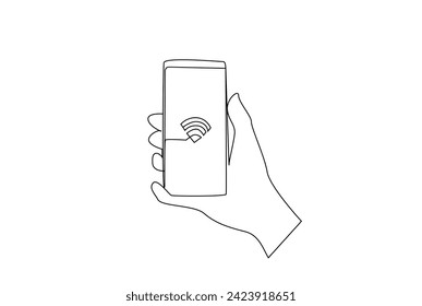 human holding smartphone screen wifi nfc fast payment technology one line art design