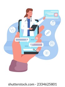 Human holding smartphone and selecting specialist online. Online medical consultation concept. Digital prescriptions and teletherapy. Flat vector illustration in cartoon style