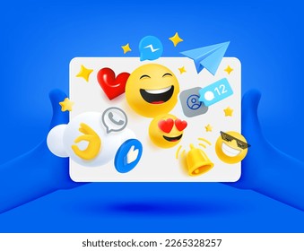 Human holding tablet computer with social media elements. 3d vector illustration