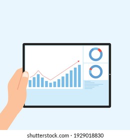 Human holding tablet data analysis for business finance investment concept flat vector design.