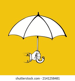 Human holding umbrella in hand. Cartoon style. Vector illustration sketch design. Protection concept. Isolated on yellow background. Security symbol.