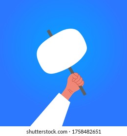 Human holds in hands protest poster on blue background.. Protest against the prevention of coronavirus. Lockdown quarantine.Vector illustration. Strike concept.