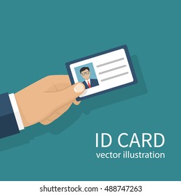 Human holds identification card in hand. With permit. Vector illustration, flat design style. Personal identification. Access control. Sign id card. Personal document.