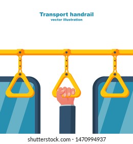 Human holds on to the handrail in public transport. Hanging yellow handle. Ceiling bracket. Handles for passengers. Grip metro or bus. Vector illustration flat design. Isolated on white background.