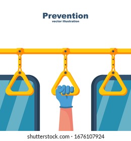 Human holds on to handrail in public transport in protective blue gloves. Protection against viruses and bacteria. Precaution icon. Vector illustration flat design. Coronavirus 2019-ncov prevention.