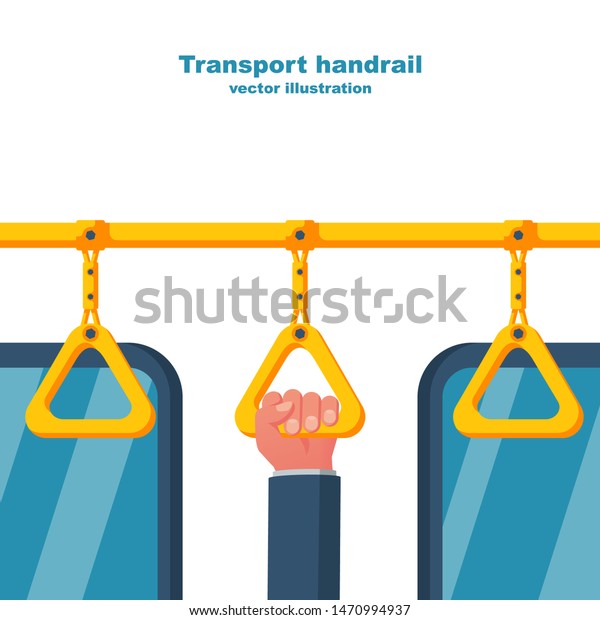 Human holds on to the handrail in public
transport. Hanging yellow handle. Ceiling bracket. Handles for
passengers. Grip metro or bus. Vector illustration flat design.
Isolated on white
background.