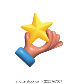 The human holds a star in hand. 3D render yellow star. 3d icon illustration. Feedback and rating score. Rating concept banner. Supporting client service successful. Vector cartoon.