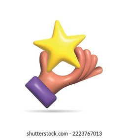 The human holds a star in hand. 3D render yellow star. 3d icon illustration. Feedback and rating score. Rating concept banner. Supporting client service successful. Vector cartoon.