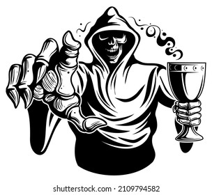 Human hooded skeleton vector image, holding the bowl of wine. Isolated on white background.