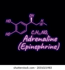 hormona humana adrenalina, concepto de elemento epinefrino etiqueta de icono de fórmula esquelética química, ilustración vectorial de neón de texto, aislado en negro. Sistema endocrino de estilo de vida saludable.