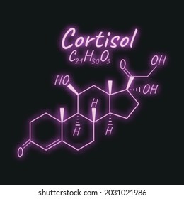 Hormona humana cortisol concepto de elemento periódico químico etiqueta de icono de fórmula esquelética, letra de texto neón iluminar ilustración vectorial, aislado en negro. Sistema endocrino de estilo de vida saludable.