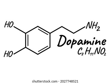 Human hormone dopamine concept chemical skeletal formula icon label, text font vector illustration, isolated on white. Periodic element table. Healthy lifestyle endocrine system.