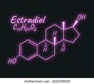 Hormona humana estradiol concepto de elemento periódico químico etiqueta de icono de fórmula esquelética, letra de texto neón iluminar ilustración vectorial, aislado en negro. Sistema endocrino de estilo de vida saludable.