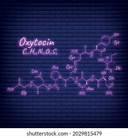 Human hormone oxytocin periodic element concept chemical skeletal formula icon label, text font neon glow vector illustration, isolated on black. Healthy lifestyle endocrine system.