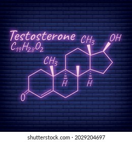 Human hormone testosterone periodic element concept chemical skeletal formula icon label, text font neon glow vector illustration, isolated on black. Healthy lifestyle endocrine system.