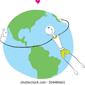 Human hugging the world and smiling. Concept environmental protection, world care, travel eco-tourism, etc