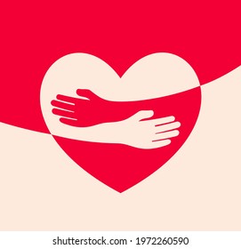 Human hugs in heart shape, hugging hands support and love symbol hugged arms girth silhouette unity and warmth feeling, flat vector illustration, logo template.