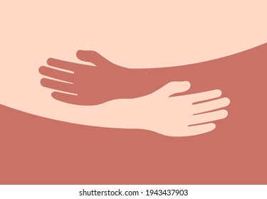 Human hugs hugging hands support and love symbol hugged arms girth silhouette unity and warmth feeling, flat vector illustration