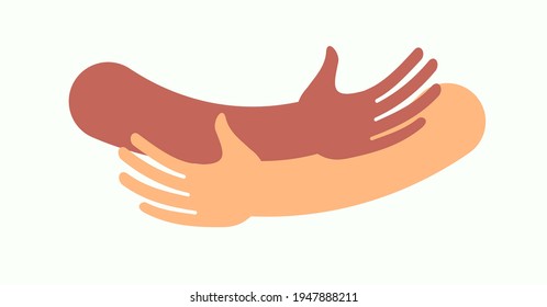 Human hugs hugging hands support and love symbol hugged arms girth silhouette unity and warmth feeling, flat vector illustration