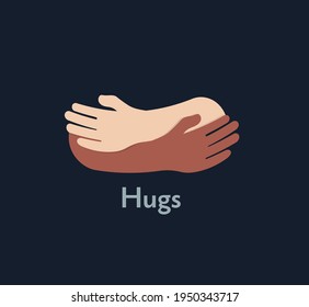 Human hugs hugging hands support and love symbol hugged arms girth silhouette unity and warmth feeling, flat vector illustration, logo template.