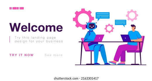 Human And Humanoid Robot Team Working Together. Man And Cyborg Sitting With Laptops In Office Workspace Flat Vector Illustration. Artificial Intelligence, Workforce, Futuristic Technology Concept