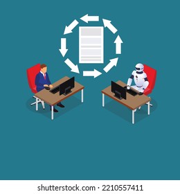 Human and humanoid robot team working together 3d isometric vector illustration concept for banner, website, landing page, ads, flyer template