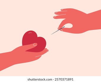 Human hurts with needle another person's heart. Fragile relationship and love problems in couple.Toxic unhealthy weak bonds. Vulnerability, trouble, emotional imbalance, anxiety between people. Vector