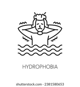 Human hydrophobia phobia icon, mental health. Fear of drinking fluids, mental disorder outline vector pictogram. People psychology problem thin line icon or sign with worried, stressed man