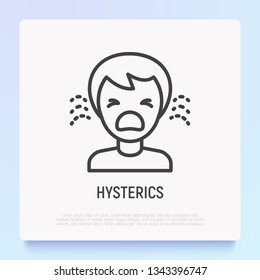 Human in hysterics, crying child thin line icon. Modern vector illustration of negative emotion.